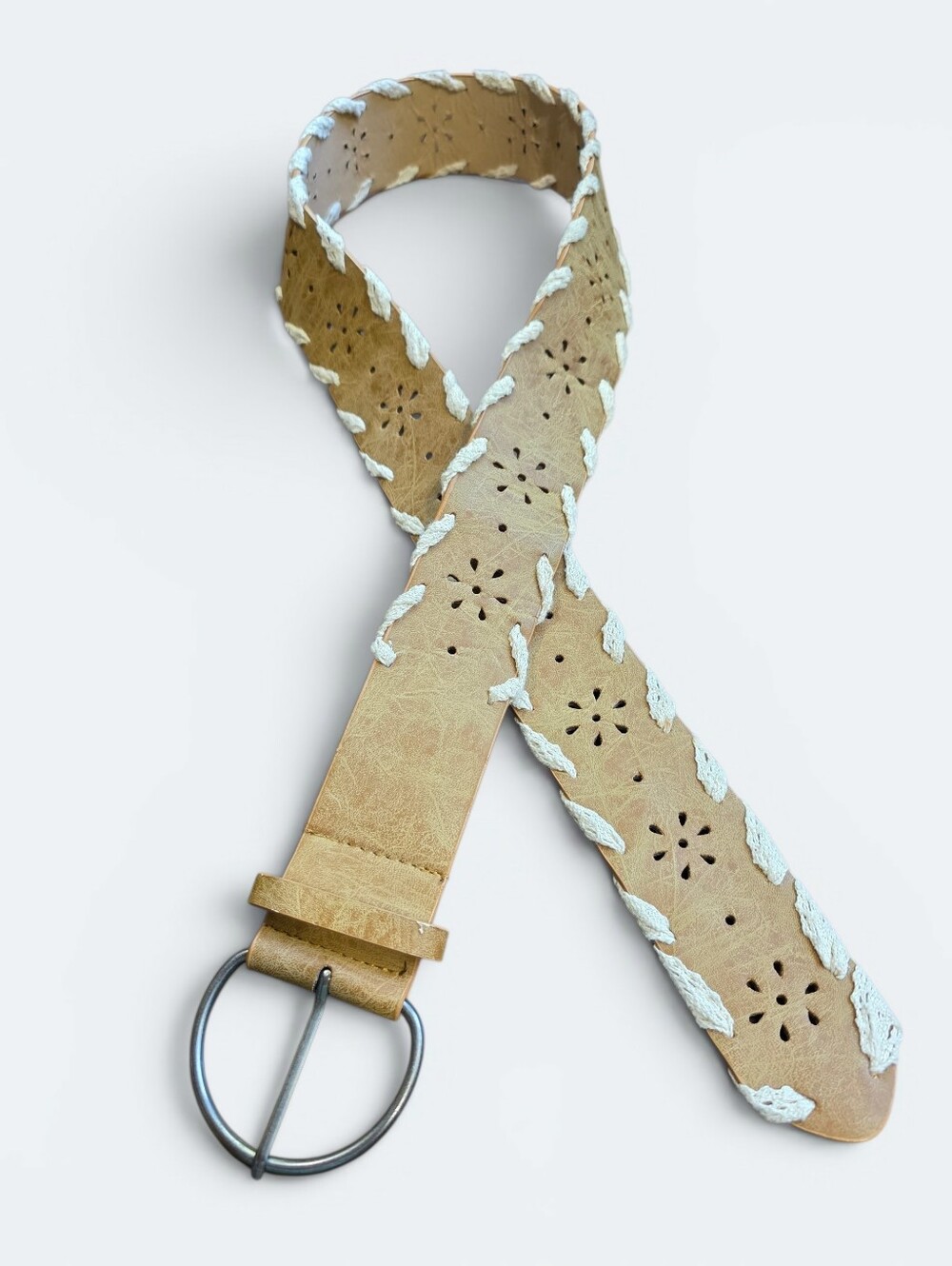 Boho Faux Leather Lace Whipstitch Belt Tan Laser Cut Floral Size 16 XL